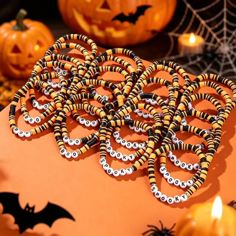 24pcs BOO Black Orange Halloween Bead Bracelet Set, Fun Gift